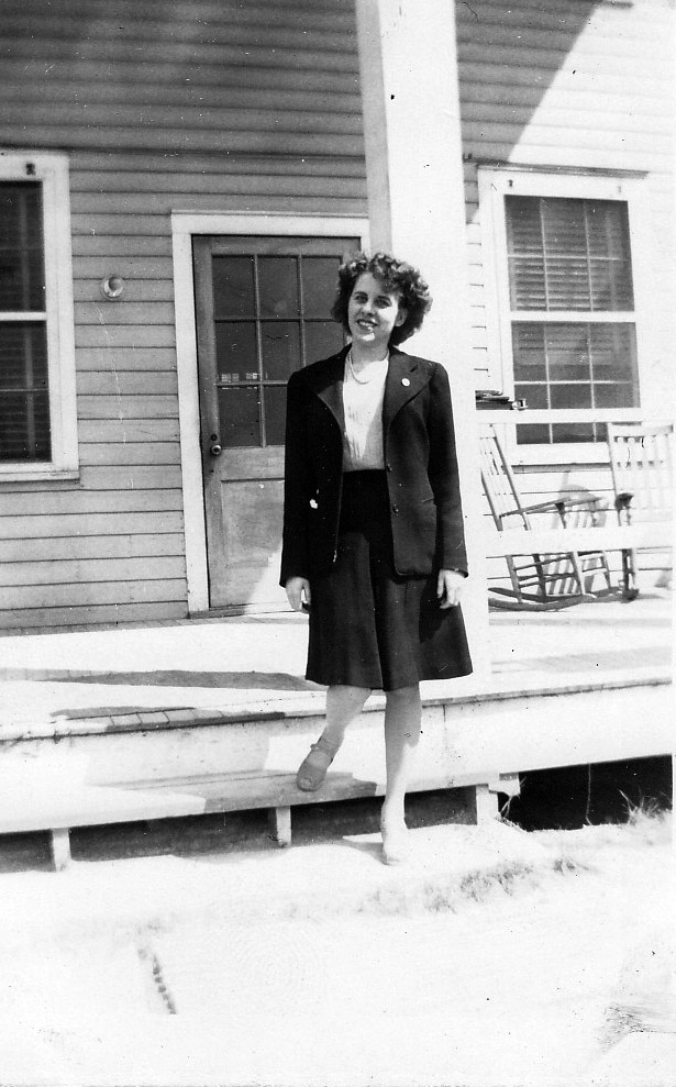 Clementine (Self) Bernstein in 1946 on the steps of the women's dormitory in Oak Ridge